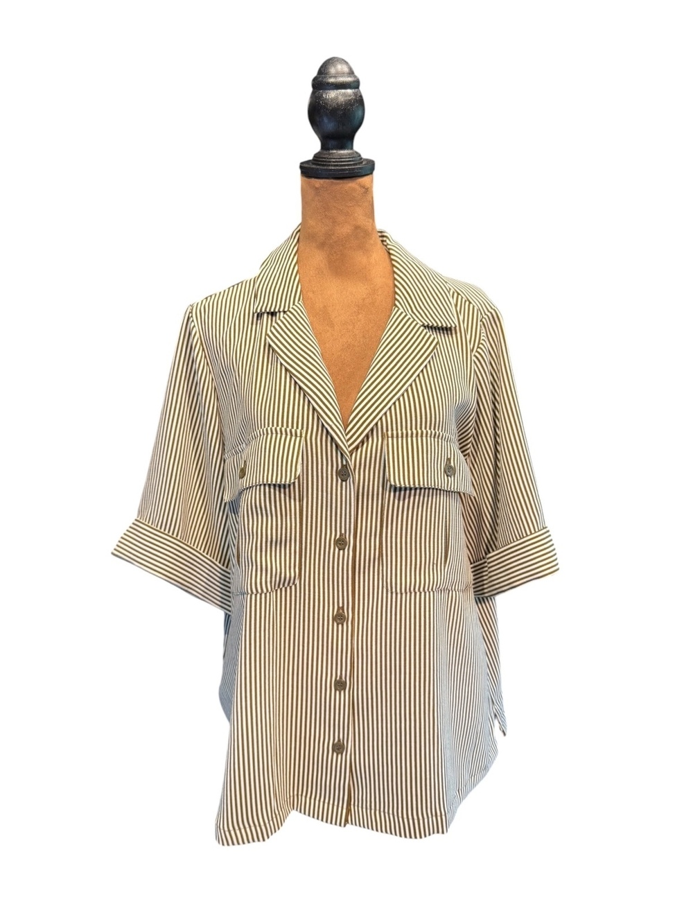 Worthington Striped Button-Up Shirt - Olive and White